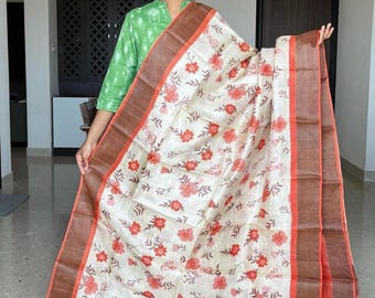 Muga Tussar Silk Saree, Abstract Kalamkari Floral Print, Handloom Wedding Saree