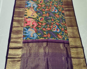 Handloom Pen kalamkari Kancheepuram Silk Saree | Pure Zari Bridal Pattu