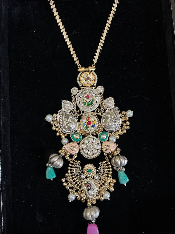 Handmade Kundan Necklace Set, Multi-Color Stone Beaded Indian Jewelry