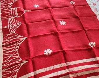 Handloom Bishnupur Silk Saree: Kalamkari Flower Print, Tassels