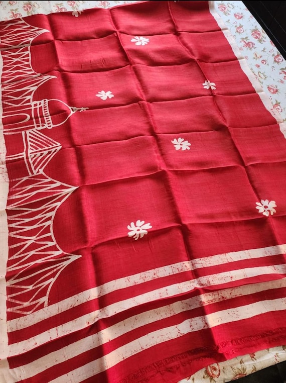 Handloom Bishnupur Silk Saree: Kalamkari Flower Print, Tassels
