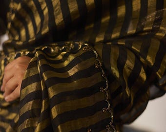 Handloom Kora Tissue Silk Saree, Brocade Katan Zari, Beaded Varanasi Weaving