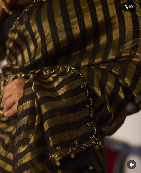 Handloom Kora Tissue Silk Saree, Brocade Katan Zari, Beaded Varanasi Weaving