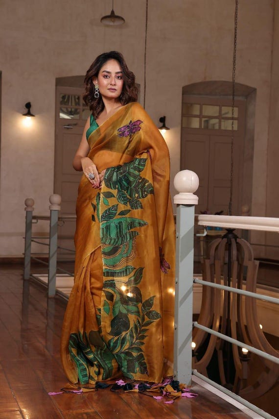 Handloom Organza Saree, Hand-Painted Bird and Floral Design