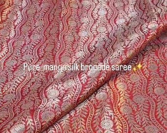 Breathtaking Handloomed Banarasi Mango Silk Brocade Saree, Bespoke Silver Zari Crimson Sari Masterpiece