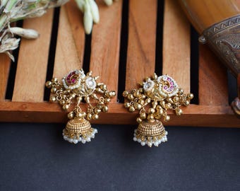 Handmade Kundan Jhumka Earrings with Ear Chains | Indian Wedding Jewelry