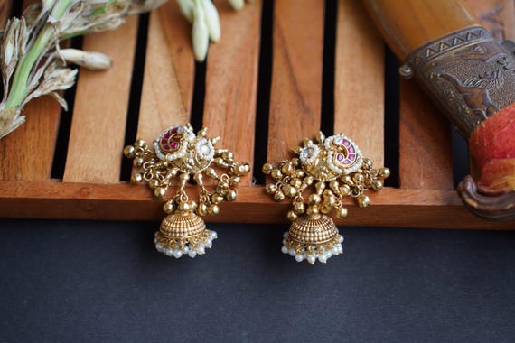 Handmade Kundan Jhumka Earrings with Ear Chains | Indian Wedding Jewelry