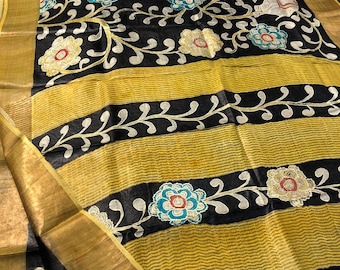 Pure Tussar Silk Saree | Hand-Painted Kalamkari Embroidery, Zari Border (Silk & Handloom Certified)