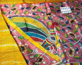 Muga tussar Silk Saree, Wedding Blouse Saree, Abstract Kalamkari Flower Handloom pen brush