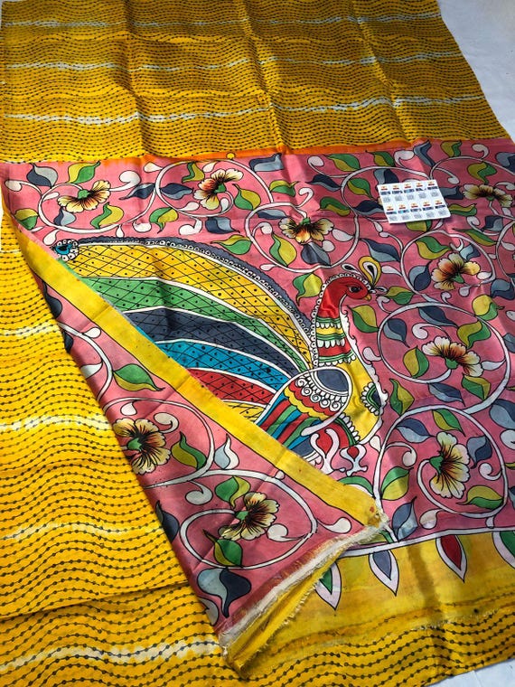 Muga tussar Silk Saree, Wedding Blouse Saree, Abstract Kalamkari Flower Handloom pen brush