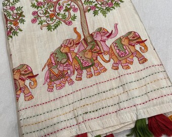Handmade Kantha Tussar Silk Saree | Pichwai Embroidery Tree of Life | Weaver Art