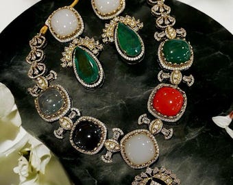 Handmade Kundan Jewelry Set, Multi Color Gemstones, Indian Bridal Jewelry
