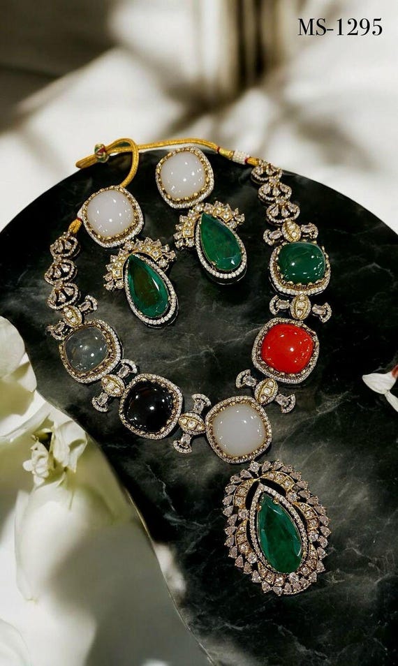 Handmade Kundan Jewelry Set, Multi Color Gemstones, Indian Bridal Jewelry