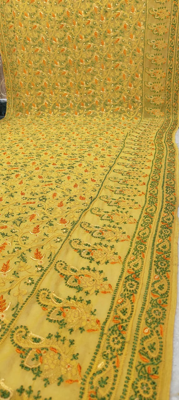 Handloom Khaddi Georgette Saree, Handwork Chikankari Embroidery, Paisley Design