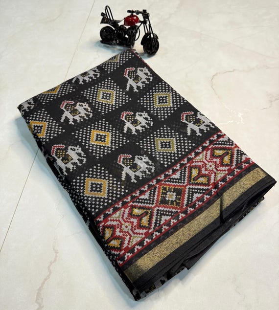 Handloom Cotton Linen Saree, Patola Flower Print, Zari Border