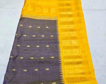 Pure Gadwal Handloom Silk Saree | Double Warp Grey Yellow Temple Border Zari Butta