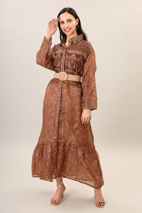 Printed Silk Maxi Dress - Bohemian Flare Gown, Psychedelic Clothing