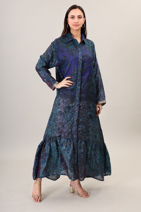 Handmade Silk Maxi Dress, Psychedelic Boho Flare Gown