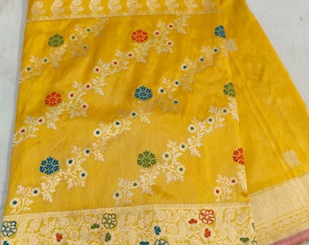 Yellow Pure Katan Tissue Silk Saree | Multi Meenakari Jangla | Haldi Indian Sari