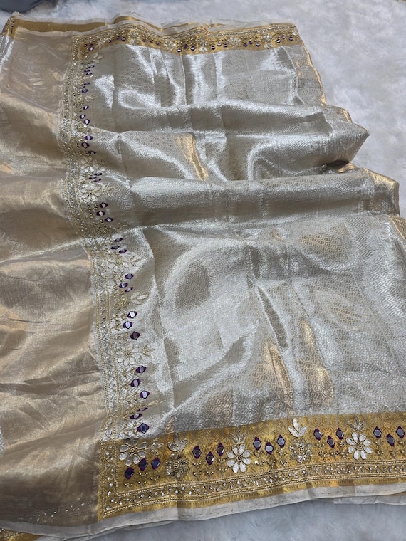 Embroidery tissue Saree, beaded hand work Weaving Handloom exclusive weaving ,banarasi border, silk mark, Manish Malhotra Inspired.