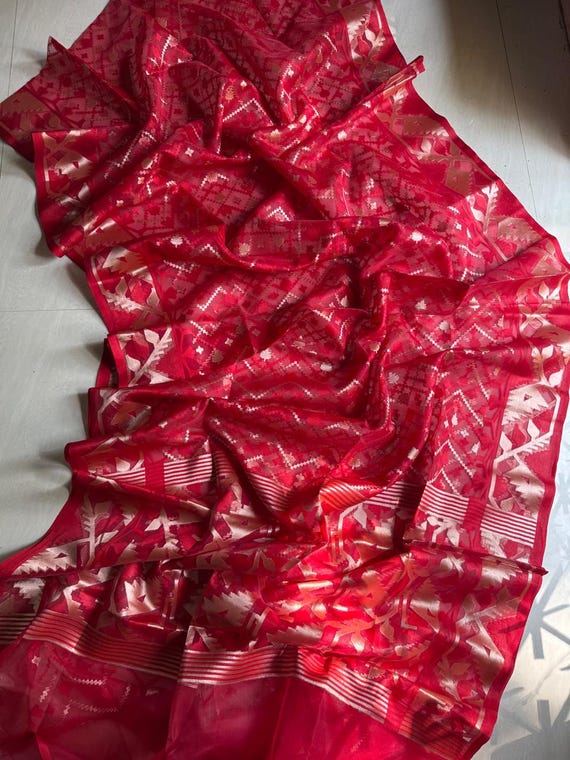 Tussar Jamdani Saree, Handloom Muslin Weave, Wedding Saree