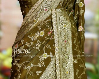 Olive Green Munga Crepe Silk Saree | Meenakari Weave | Zircon Embroidery | Bridal Sari