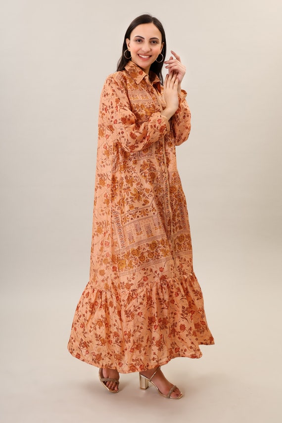 Floral Silk Maxi Dress, Bohemian Flare Sleeve