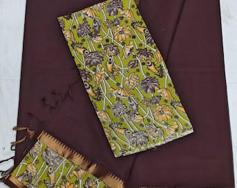 Mangalagiri Pure Cotton Saree | Kalamkari Patchwork Border & Blouse | Traditional Handloom Office Wear