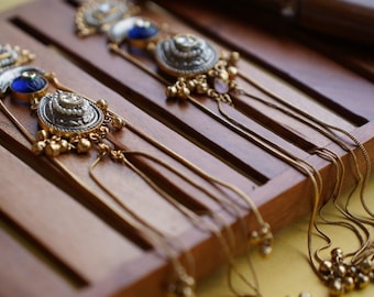 Kundan Jhumkas with Ear Chains: Indian Gold-Tone Earrings, Green & Pink Stones