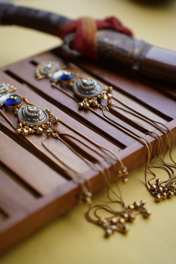 Kundan Jhumkas with Ear Chains: Indian Gold-Tone Earrings, Green & Pink Stones