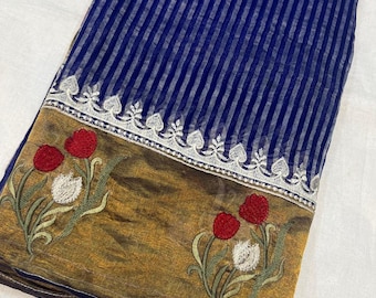 Pure Banarasi Tissue Silk Saree | Blue Silver Stripes, Floral Border, Silk Mark Certified