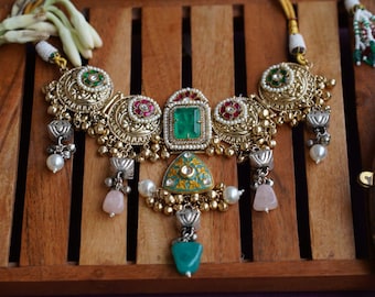 Handmade Kundan Necklace Set, Multi Color Stone, Indian Jewelry