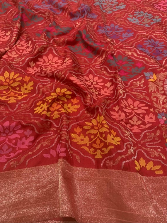 Real Gold Zari Jamdani Silk Saree: Handloom Banarasi Wedding Sari