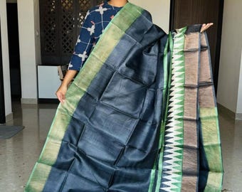 Muga Tussar Silk Saree, Handloom Kalamkari Flower Print, Wedding Saree