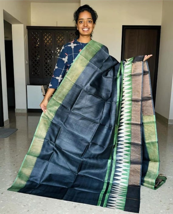 Muga Tussar Silk Saree, Handloom Kalamkari Flower Print, Wedding Saree