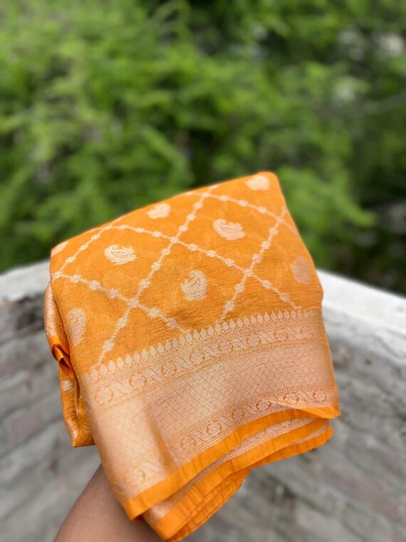 Crush Tissue Weaving Saree, Handloom Resham Varanasi Border, Silk Mark