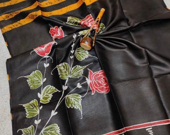 Handloom Muga Tussar Silk Saree, Kalamkari Floral Print, Wedding Saree