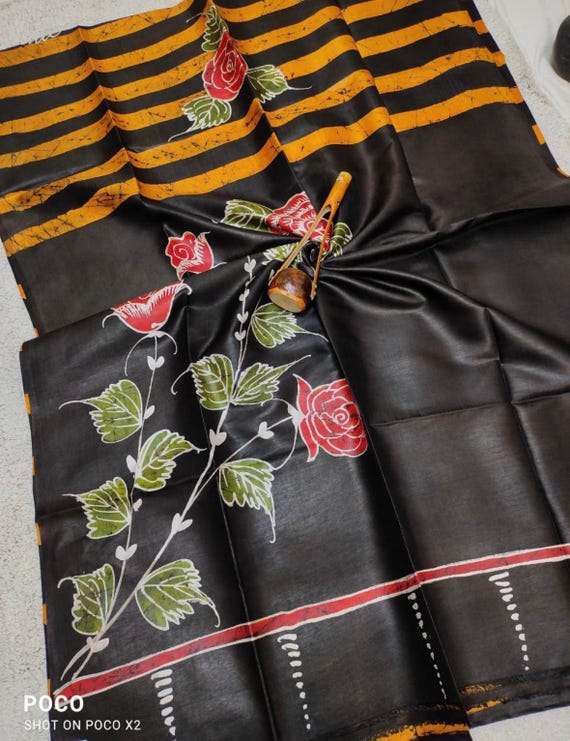 Handloom Muga Tussar Silk Saree, Kalamkari Floral Print, Wedding Saree