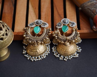 Kundan Jhumka Ear Chains: Indian Gold-Tone Earrings, Green & Pink Stones