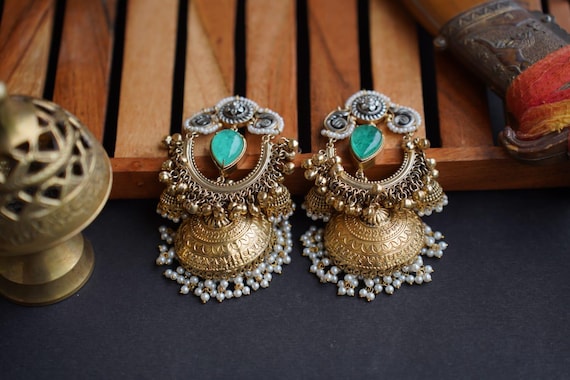 Kundan Jhumka Ear Chains: Indian Gold-Tone Earrings, Green & Pink Stones