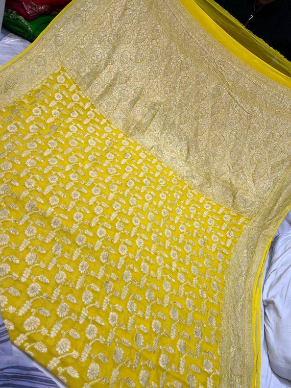 Handloom Banarasi Khaddi Georgette Saree, Pure Soft Chiffon, Silk Mark