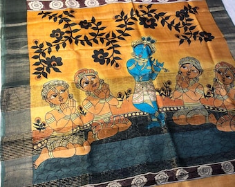 Lord Krishna Hand-Painted Tussar Silk Saree | Artisan Floral Design | Certified Handloom Silk Mark