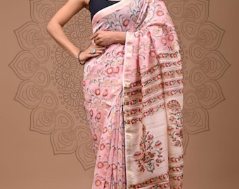 Maheshwari Cotton Silk Saree, Kalamkari Floral Hand Block Print, Summer Saree