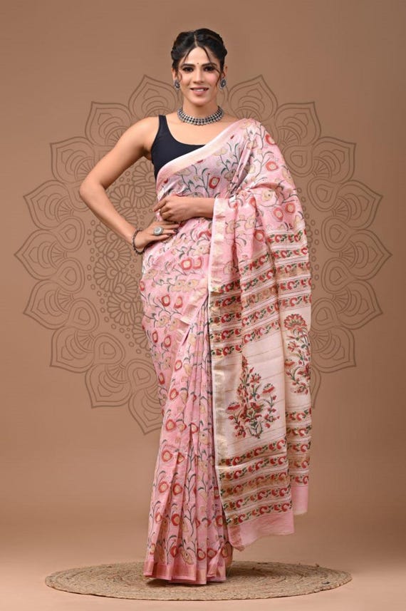 Maheshwari Cotton Silk Saree, Kalamkari Floral Hand Block Print, Summer Saree