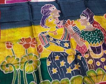 Hand-Painted Pure Tussar Silk Saree: Artisan Floral Masterpiece with Pure Zari Border