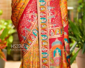 Pure Banarasi Crepe Silk Saree | Jamawar Kashmiri Weaving | Yellow Bridal Sari