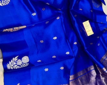 Royal Blue Handloom black Katan Silk Banarasi Saree: Raw Mango, Silk Mark Certified