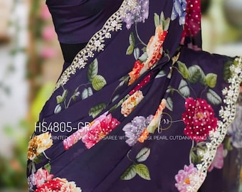 Floral Pure Chinnon Crepe Silk Saree | Scalloped Zardozi Pearl Border | Luxe Handwork Wrap