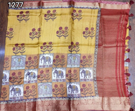 Muga Silk Saree, Handloom Kalamkari Floral Print, Wedding Saree