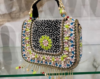 Black Beaded Boho Top Handle Bag | Colorful Crystal Fringe Purse | Maximalist Festival Handbag